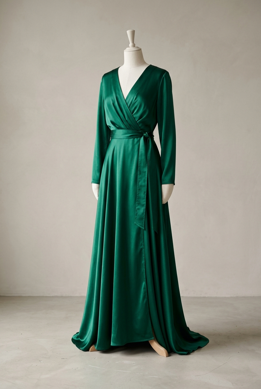 Emerald Silk Satin Wrap Maxi Gown