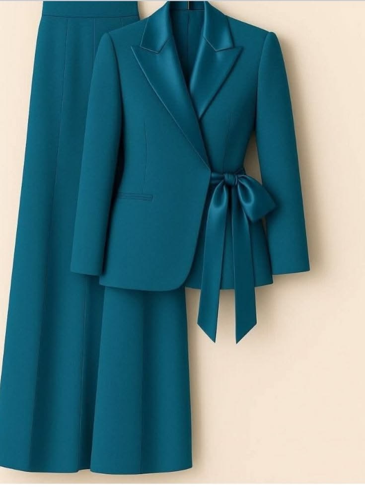 Deep Teal Satin Lapel Wrap Blazer & Trouser Set