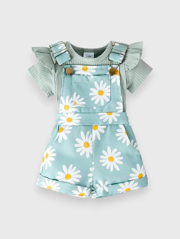 Daisy Ruffle Tee & Overall Shorts 2-Piece Set